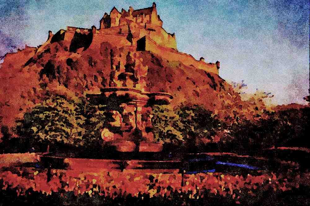 557065 Fountain And Tulips, Edinburgh Castle, Scotland A4 Limited Edition Watercolour Print