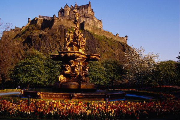 557065 Fountain And Tulips, Edinburgh Castle, Scotland A4 Photo Print