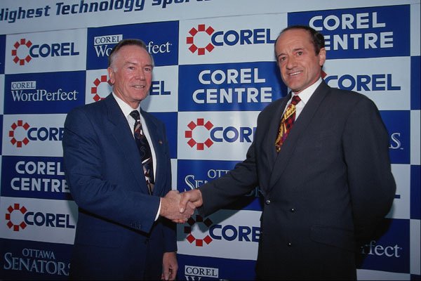 560074 Rod Bryden And Mike Cowpland, Press Conference Handshake A4 Photo Print