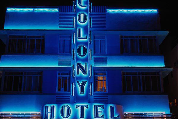 562081 Electric Blue Neons, Famed Colony Hotel A4 Photo Print