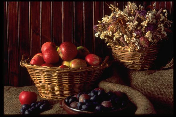 577042 Apples And Damsons With Basket Of Flowers A4 Photo Print