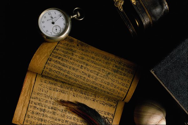 577080 Tabletop Of Chinese Book, Pocket Watch And Feather A4 Photo Print