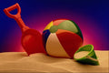 577094 Beach Ball, Bucket And Shovel In Sand A4 Photo Print