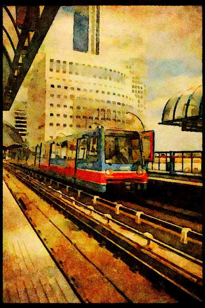 578047 Dockland Light Railways Approaching Heron Quays Station A4 Limited Edition Watercolour Print