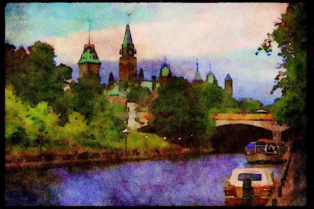 579011 View Of The Peace Tower From Rideau Canal, Ottawa, Canada A4 Limited Edition Watercolour Print