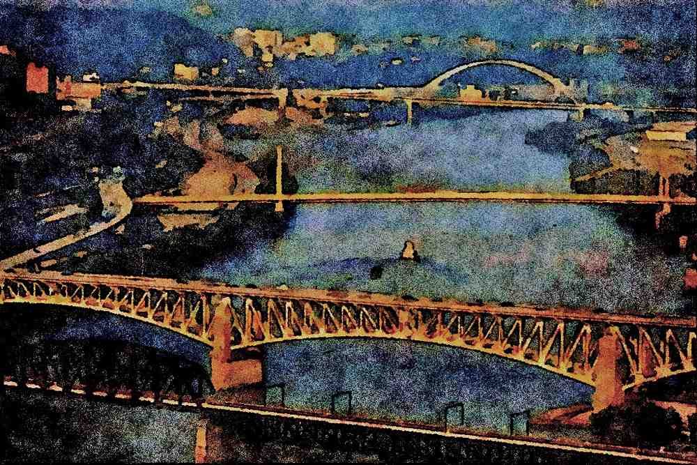 579092 Series Of Bridges Span The Monongahela River, Pittsburgh A4 Limited Edition Watercolour Print
