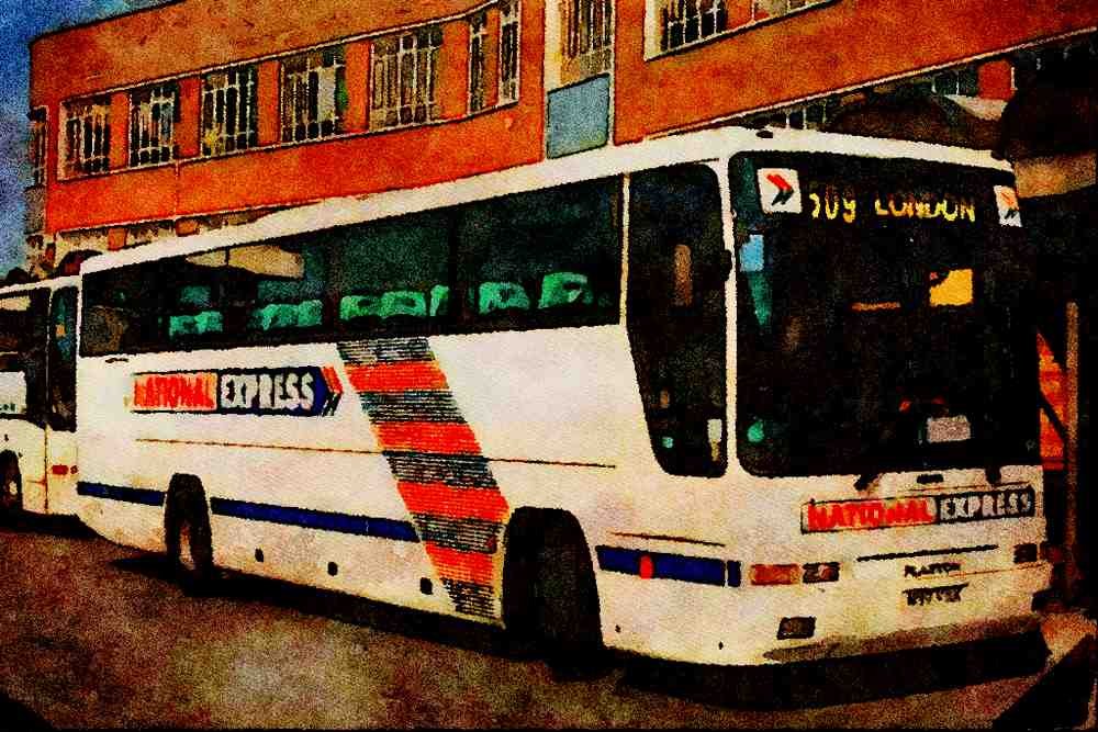 581042 National Express Volvo, Cardiff To London Service A4 Limited Edition Watercolour Print