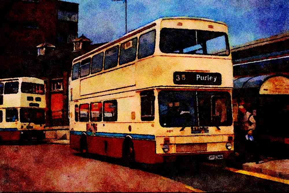 581045 1987 Metrobus Picks Up At Reading Railway Station A4 Limited Edition Watercolour Print