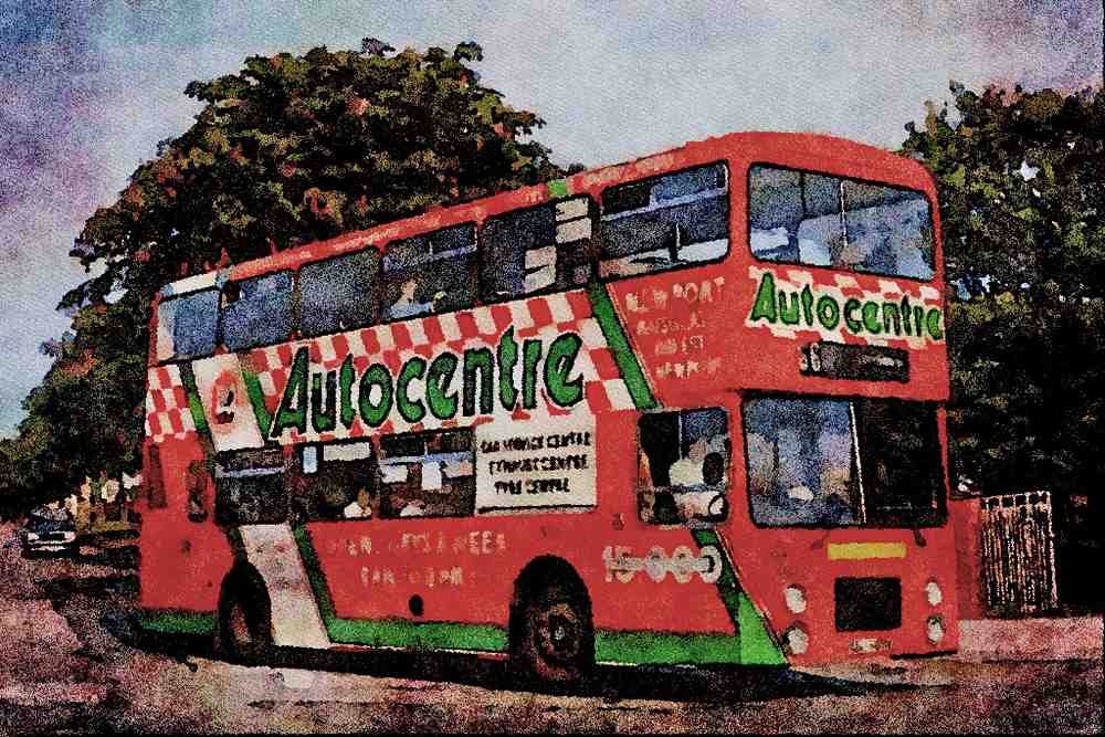 581052 Cardiff Bus Advertises An Autocentre A4 Limited Edition Watercolour Print