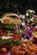 587078 Cut Watermelon Fruit Basket With Flowers A4 Photo Print