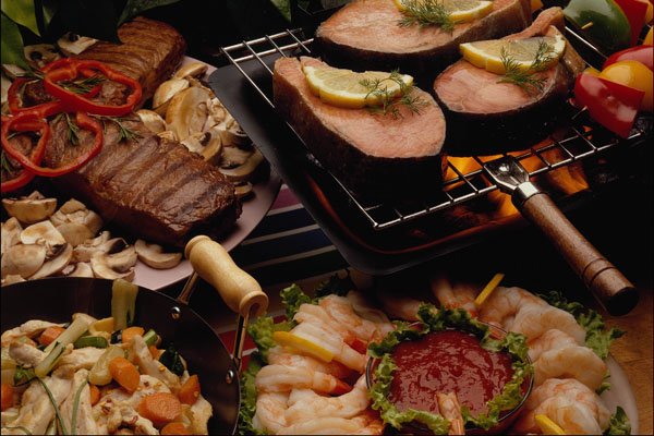 587079 Grilled Salmon, Beef Steaks And Cocktail Shrimp A4 Photo Print