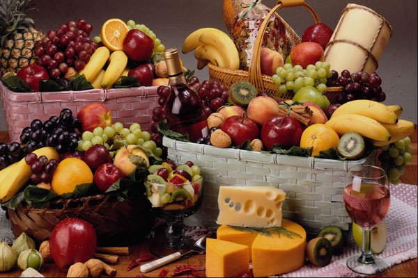 587088 Fruit Baskets, Mixed Fruit And Cheeses A4 Photo Print