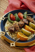 587089 Vegetable, Beef And Fruit Kabobs Over Rice A4 Photo Print