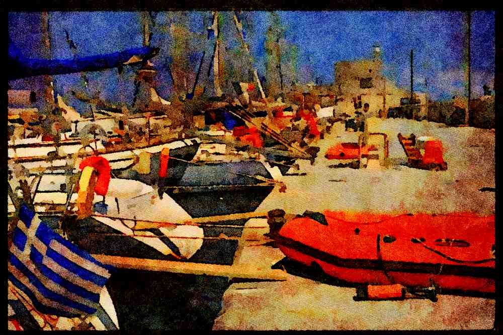 588017 Mandraki Harbor, Rhodes, Greece A4 Limited Edition Watercolour Print