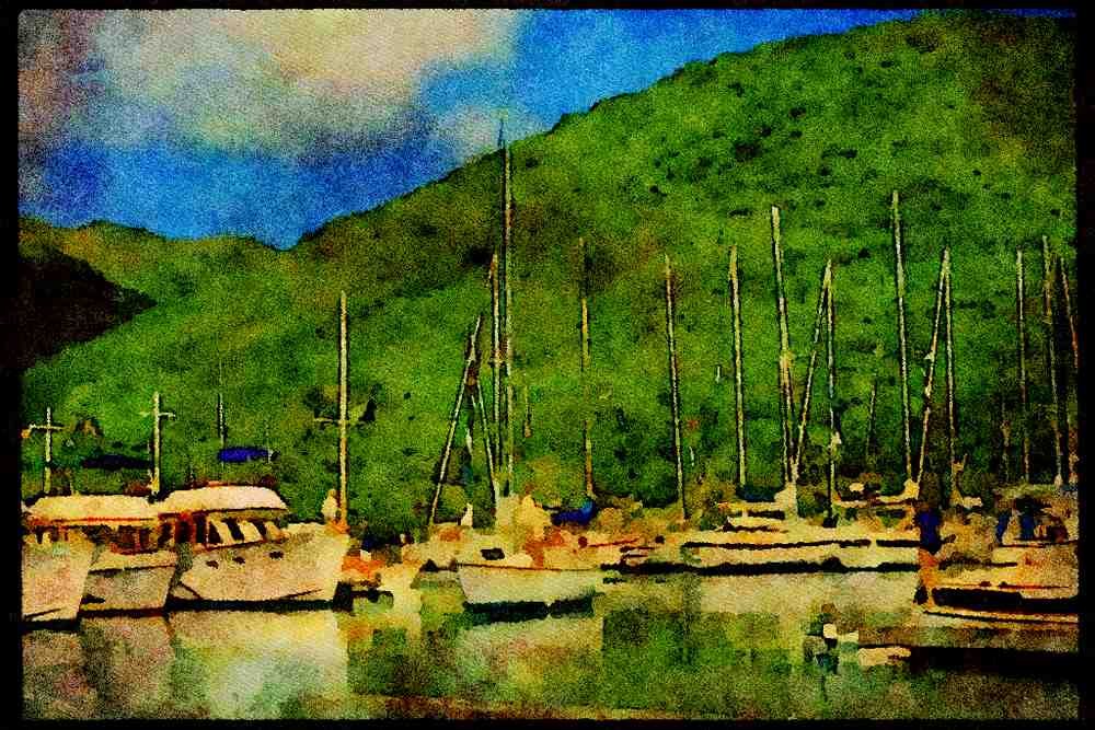 588037 Busy Marina, British Virgin Islands A4 Limited Edition Watercolour Print