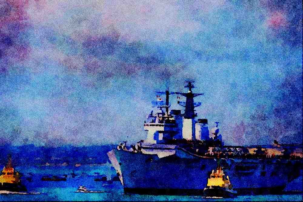 588078 HMS Invincible With Tugs, Portsmouth Harbor, Hants, England A4 Limited Edition Watercolour Print