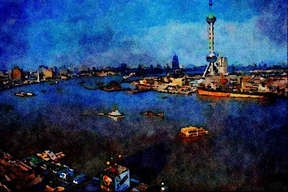 588080 The Huangpu River, Shanghai, China A4 Limited Edition Watercolour Print