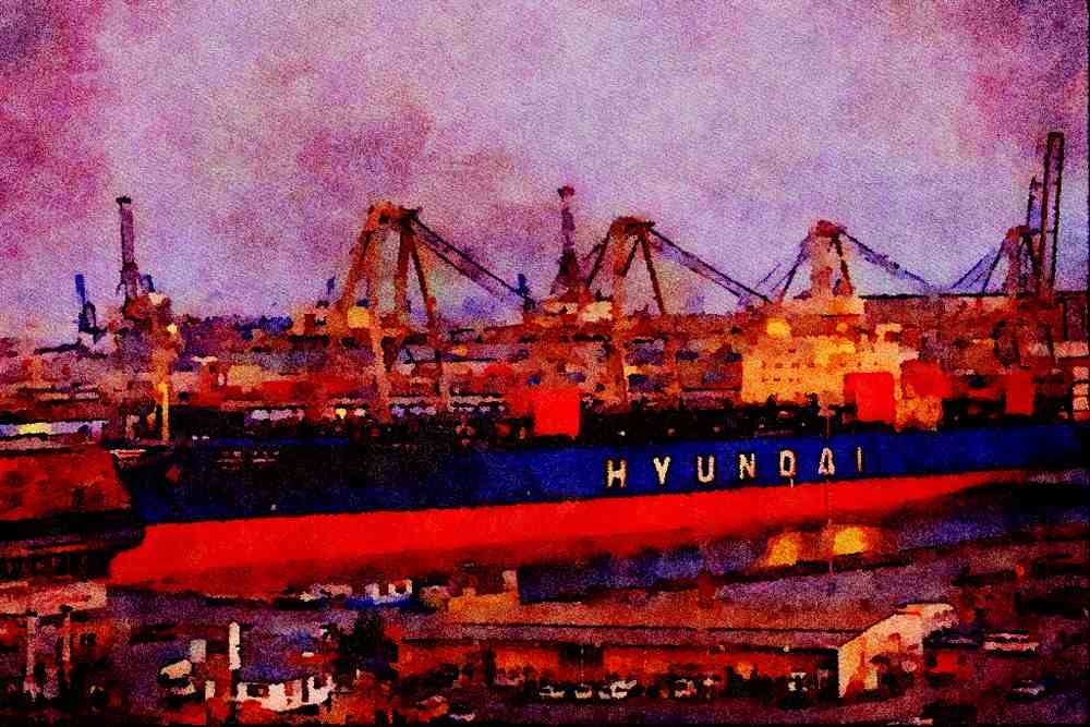 588091 Cargo Ship At Long Beach Harbor, California A4 Limited Edition Watercolour Print