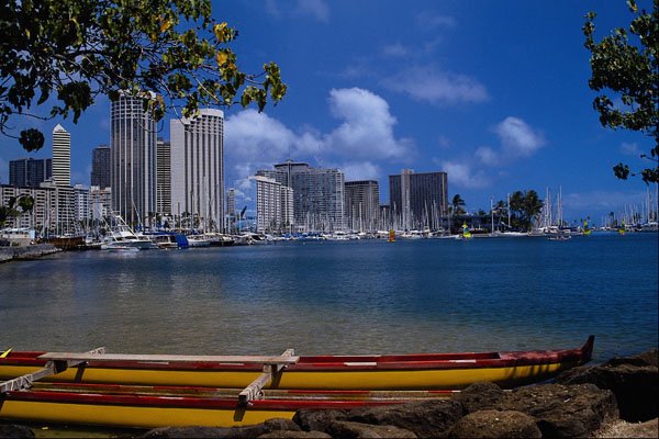 589048 Outrigger And Waikiki Skyline A4 Photo Print