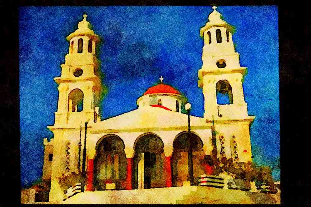 597018 Greek Orthodox Church, Crete, Greece A4 Limited Edition Watercolour Print