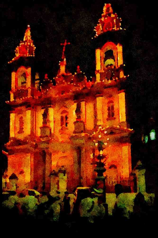 597044 Village Church Fiesta, Gudja, Malta A4 Limited Edition Watercolour Print