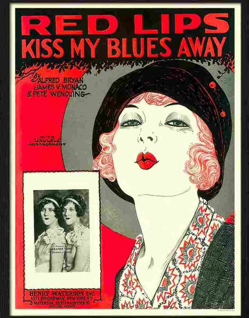 6 red lips kiss my blues away Advert A4 Photo Print