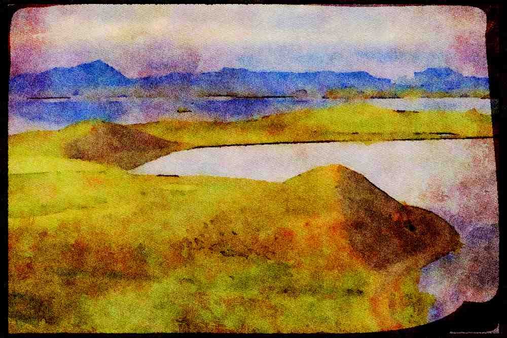 603061 The Myvatn Lake With Old Volcanoes, Iceland A4 Limited Edition Watercolour Print
