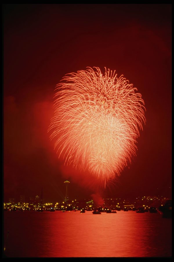 604033 Fireworks Over Water, Seattle, Washington A4 Photo Print