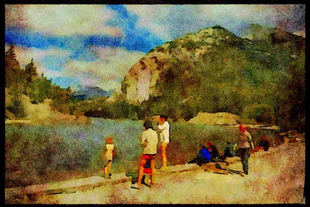 605060 Tourists And River, Banff, Alberta, Canada A4 Limited Edition Watercolour Print