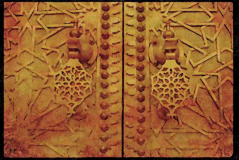 607041 Fes Door Detail, Royal Palace, Morocco A4 Limited Edition Watercolour Print