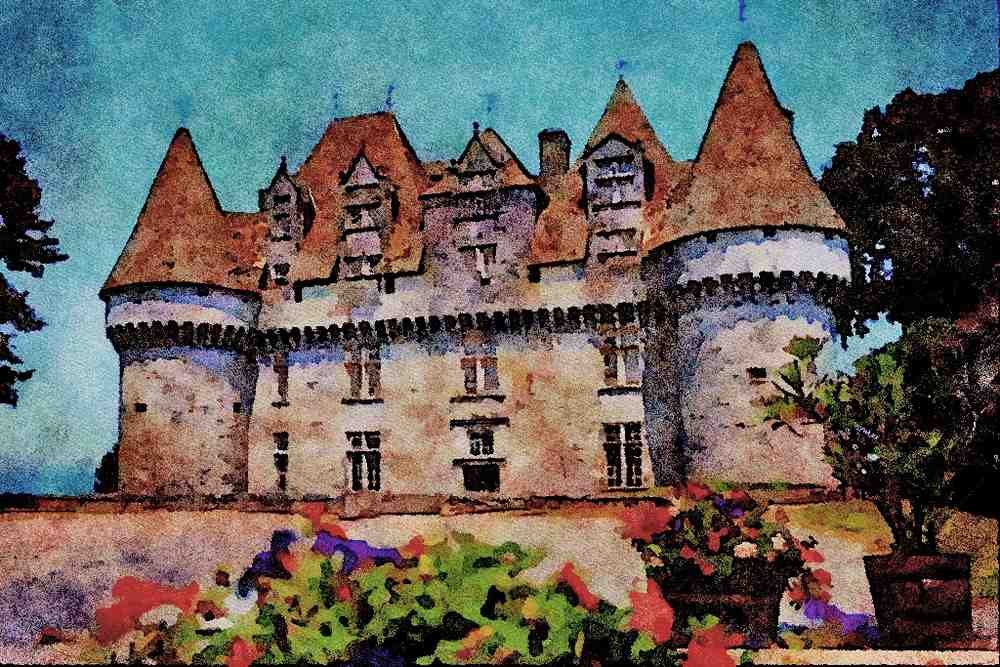 607046 Monbazillac Chateau With Flowers, France A4 Limited Edition Watercolour Print