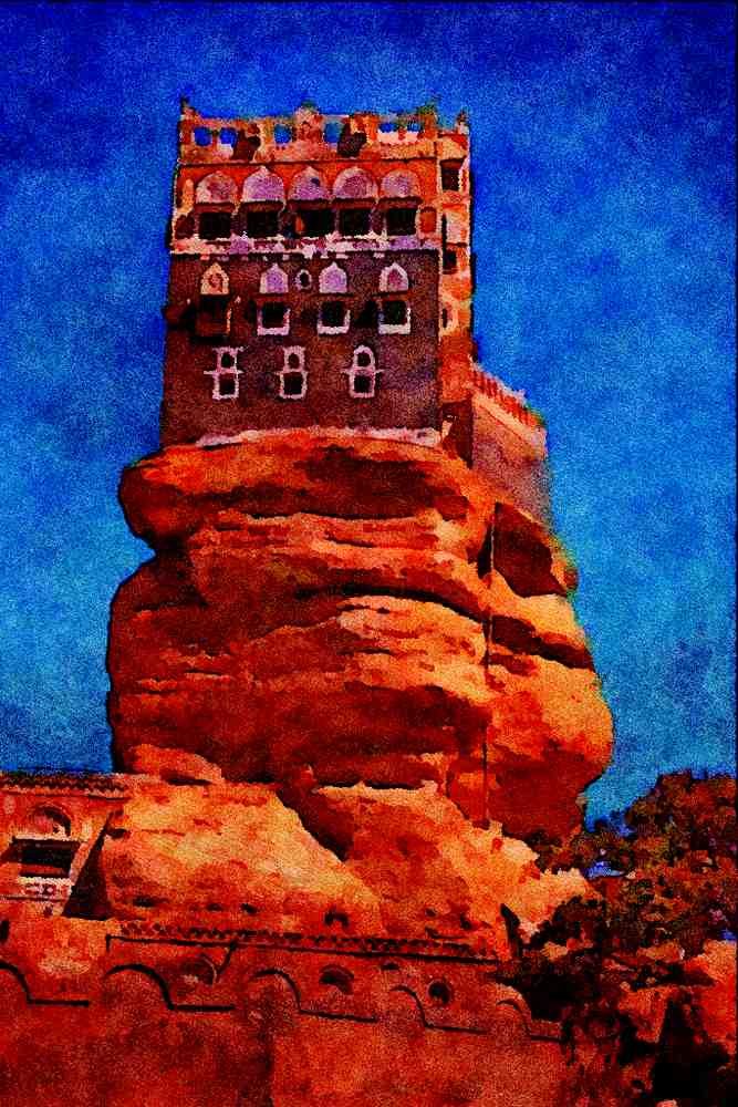 607074 Wadi Dhar Palace, Yemen A4 Limited Edition Watercolour Print