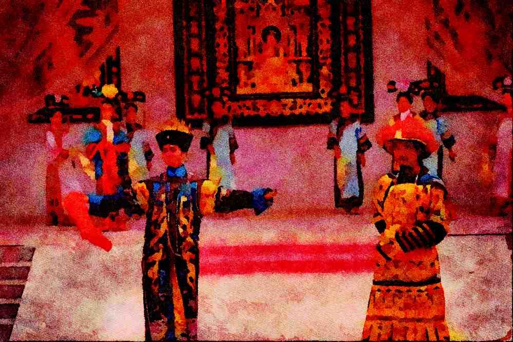 607088 Dancers In Royal Costume, Middle Kingdom, Hong Kong A4 Limited Edition Watercolour Print