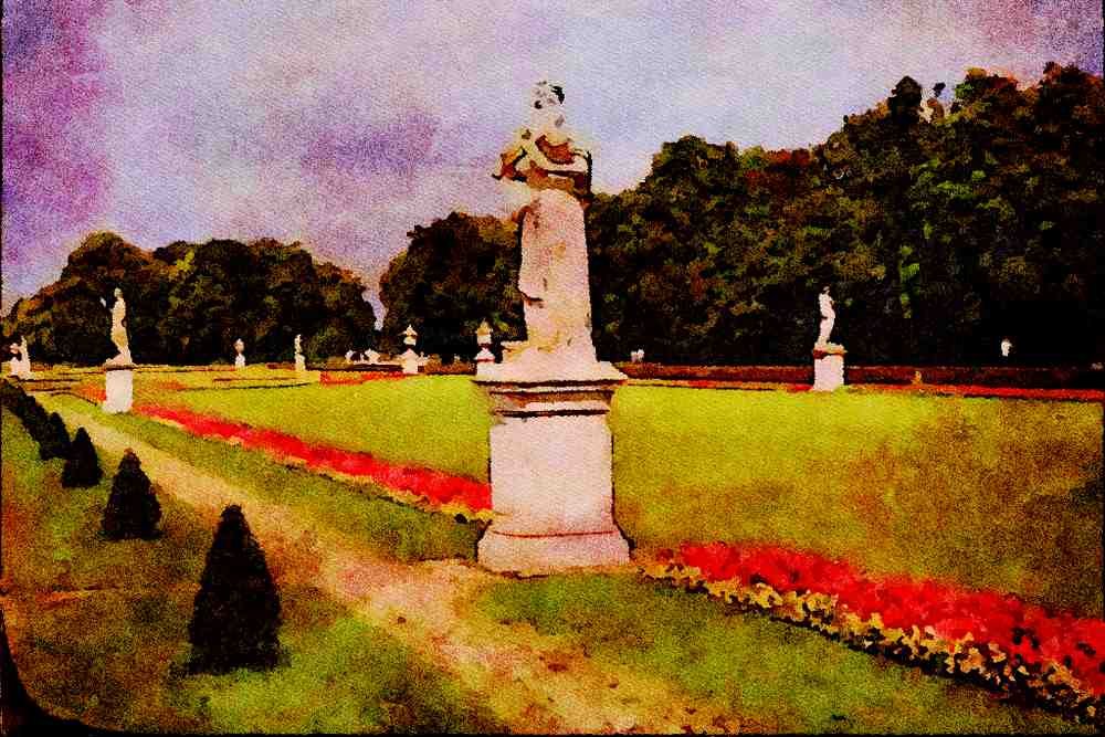 607093 Palace Sculptured Garden With Statues A4 Limited Edition Watercolour Print