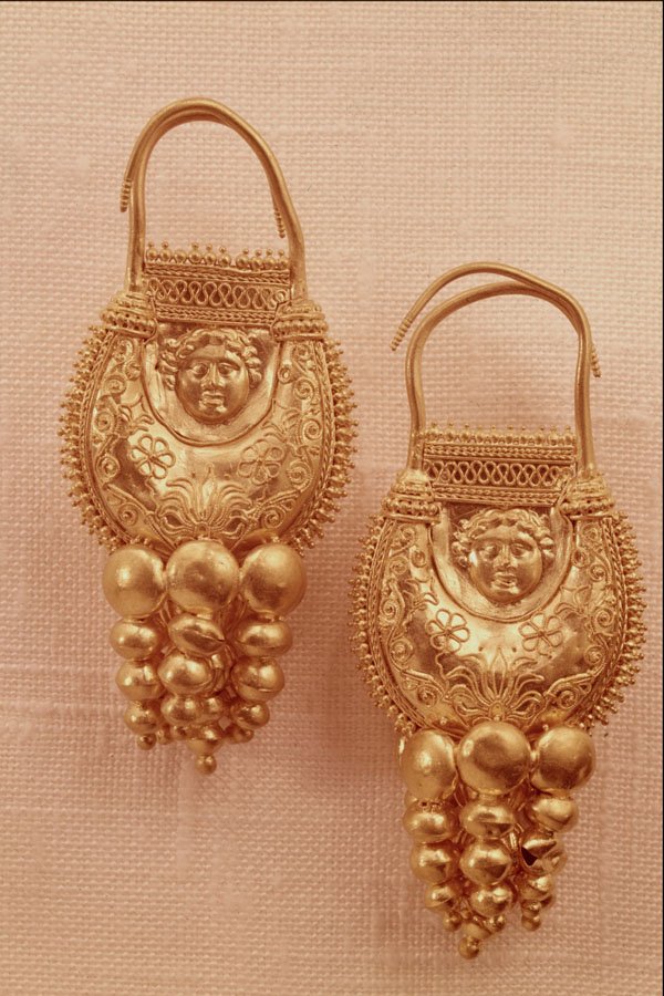 608055 Ancient Greek Gold Earrings, 300 B.C., British Museum A4 Photo Print