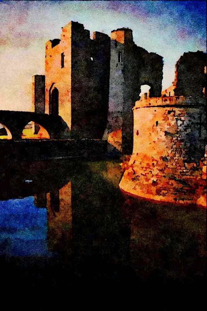 612092 Ruins Of Raglan Castle Reflected In Moat, Gwent, Wales A4 Limited Edition Watercolour Print