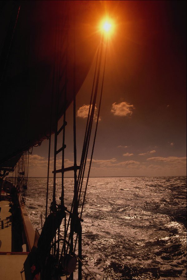 615084 Ocean Through Rigging Of Tall Ship, Sunset Off Florida A4 Photo Print