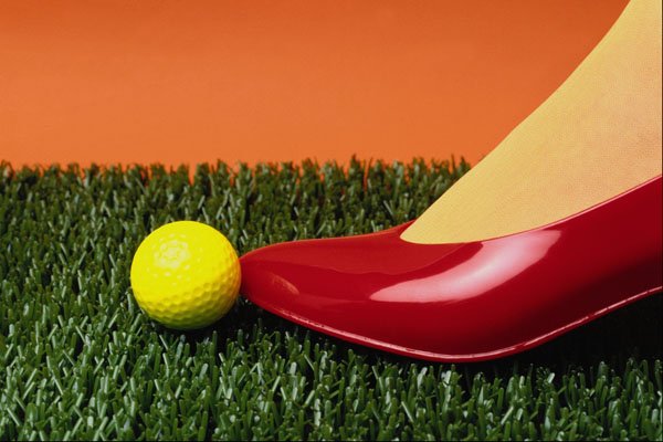616044 Red Shoe, Yellow Golf Ball And Fake Grass A4 Photo Print