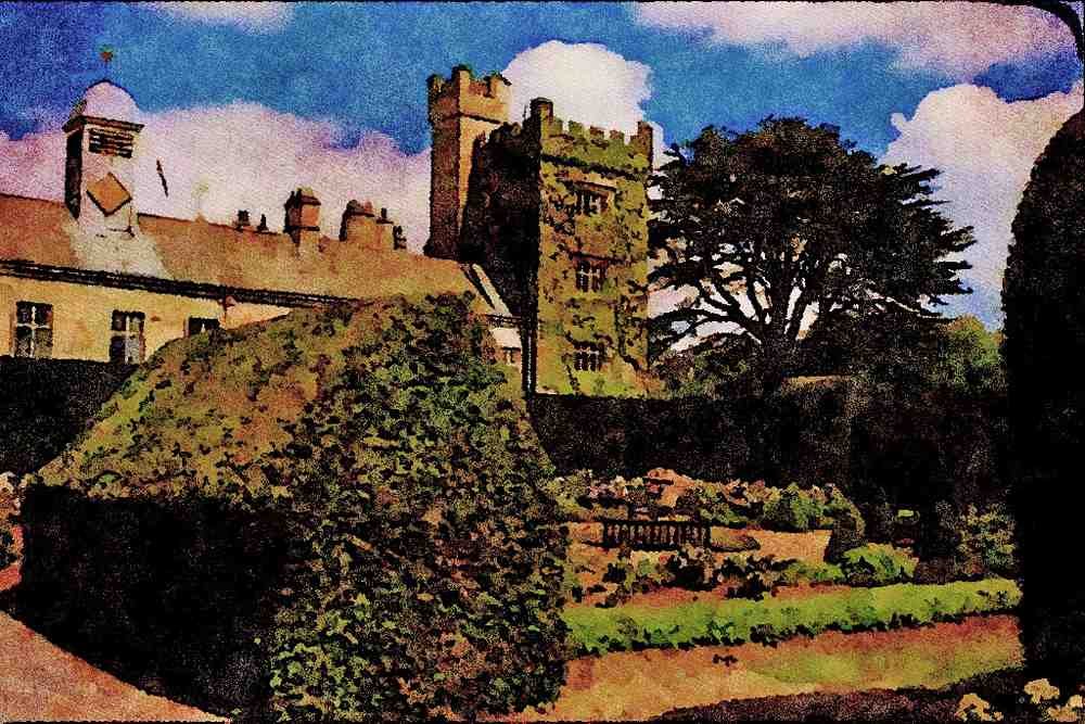625005 Levens Hall Showing Clock Tower, Pele Tower And Main House A4 Limited Edition Watercolour Print