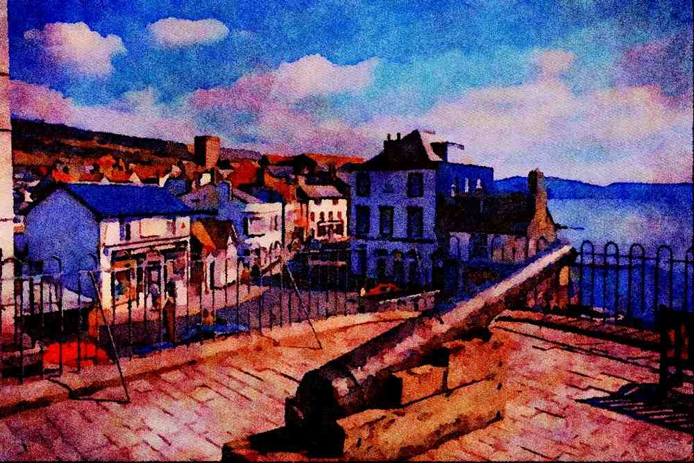 625032 Ancient Canon And View Of Town, Lyme Regis, Dorset A4 Limited Edition Watercolour Print