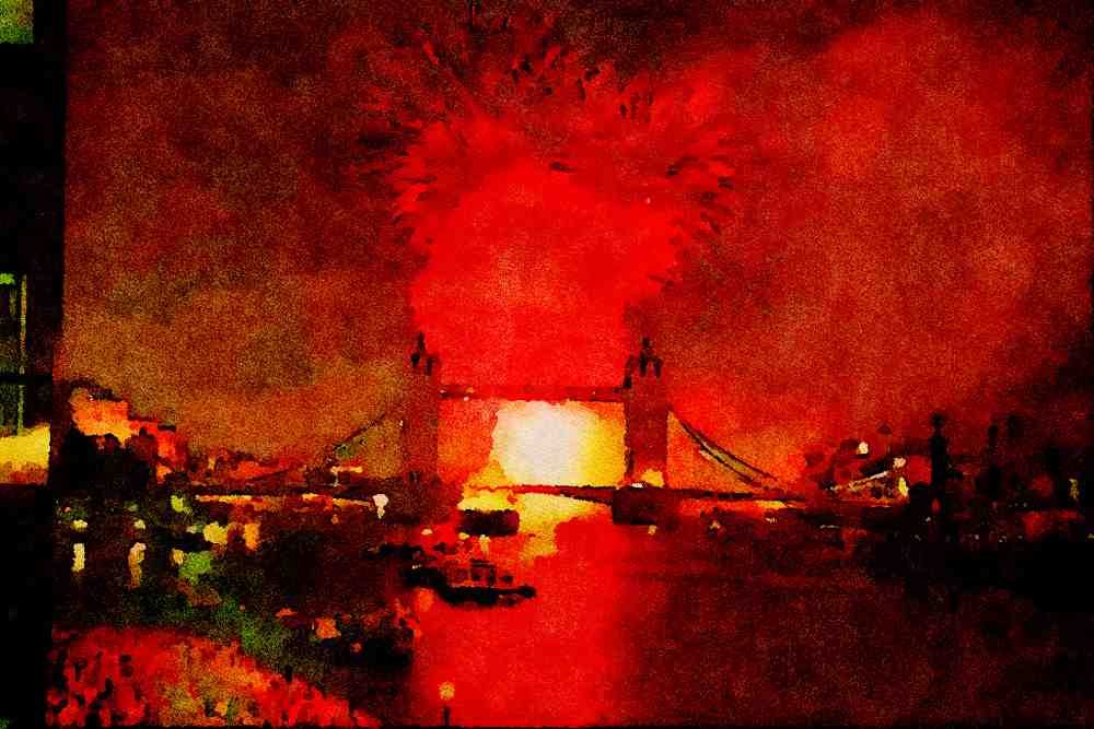 625089 VJ Fireworks, London 1995 A4 Limited Edition Watercolour Print