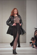 627099 Black Zip Front Skirt, Lace Top And Long Black Jacket A4 Photo Print