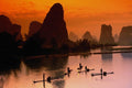 630057 Cormorant Fishermen In The River Li At Dawn, Yangshou A4 Photo Print