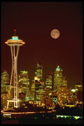 632030 Space Needle And Full Moon, Seattle, Washington A4 Photo Print