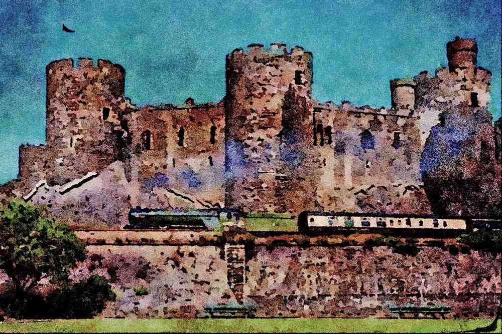 640007 North Wales Coast Steam Train, Conwy Castle, Gwynedd A4 Limited Edition Watercolour Print