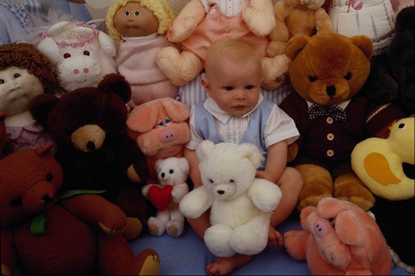 651062 Baby Boy With Stuffed Animals A4 Photo Print
