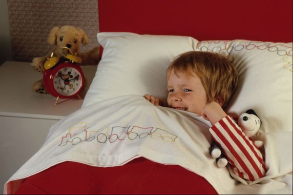 651072 Boy In Bed With Soft Toy A4 Photo Print