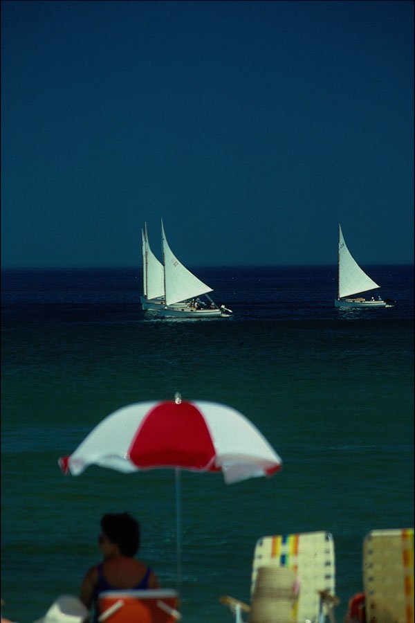 654026 Sailboats Off Beach A4 Photo Print