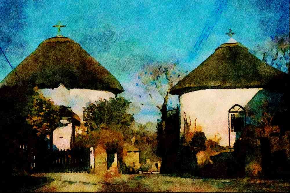 656029 Round Houses At Veryan A4 Limited Edition Watercolour Print