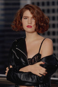 657054 Redhead In Black Leather And Lace, Skyline Background A4 Photo Print